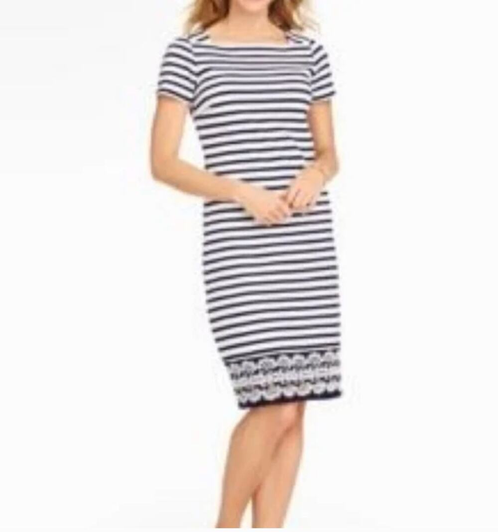 Talbots Lace Hem Dress Navy Blue White Nuatical Stripe Short Sleeve Sheath SP PS